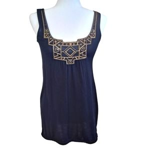 White House Black Market Bohemian Black and Gold Beaded Banded Tank Top szS